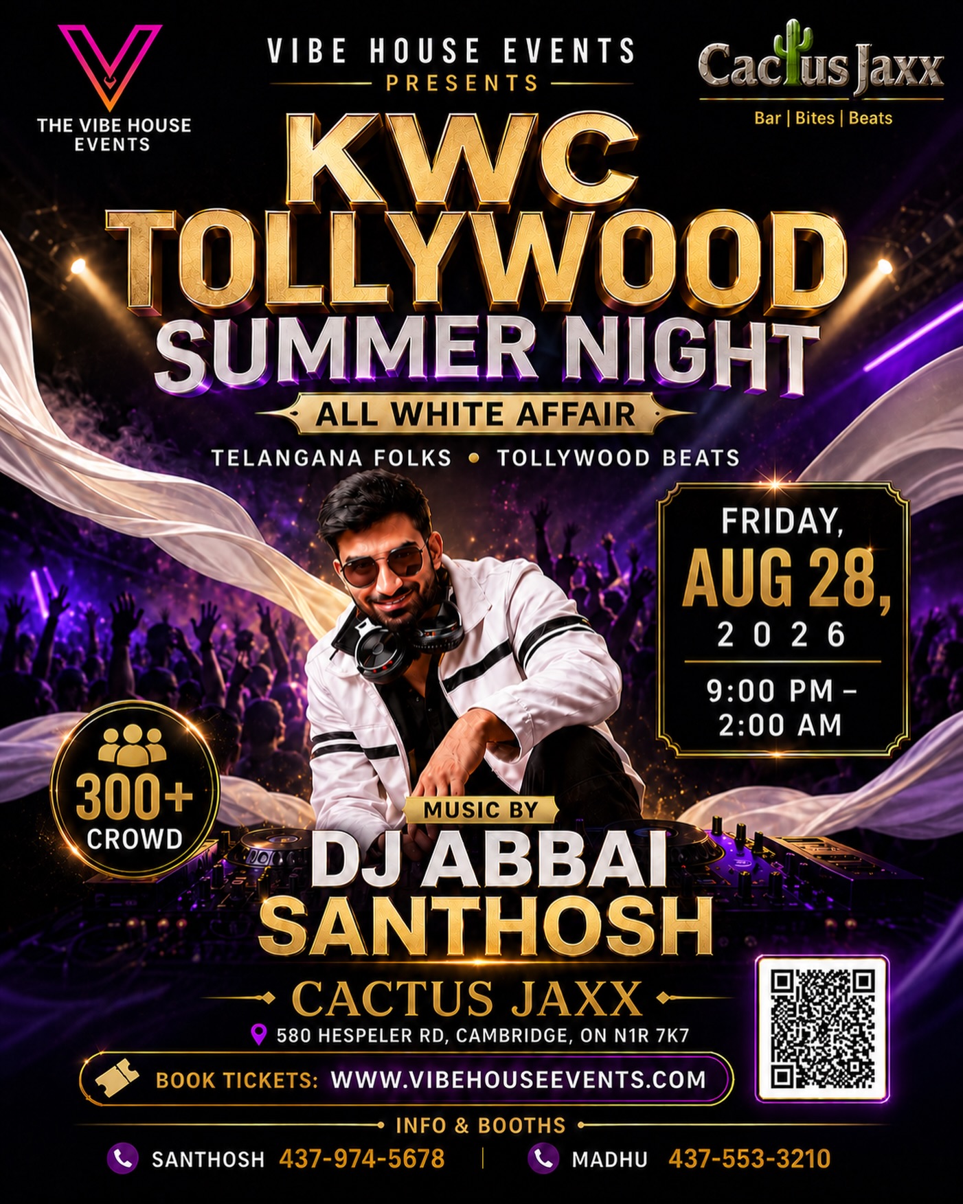 KWC Tollywood Summer Night All White Affair flyer: music by DJ Abbai Santhosh, Friday August 28 2026, 9 PM to 2 AM at Cactus Jaxx Cambridge